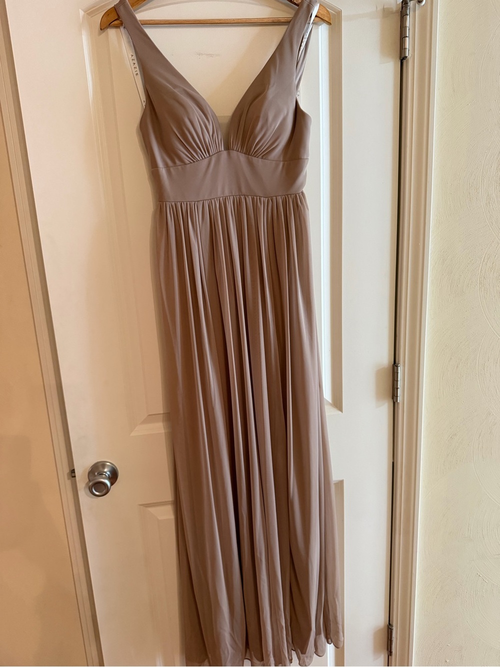 Azazie Taupe V-Neck Maxi Dress